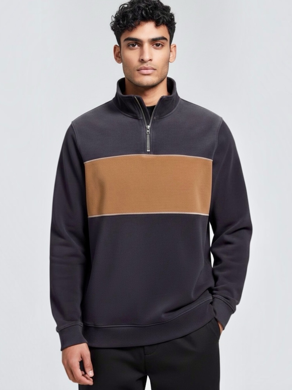 Arizona Jean Company Navy Zip-Up Sweater with Gold  Chest Stripe